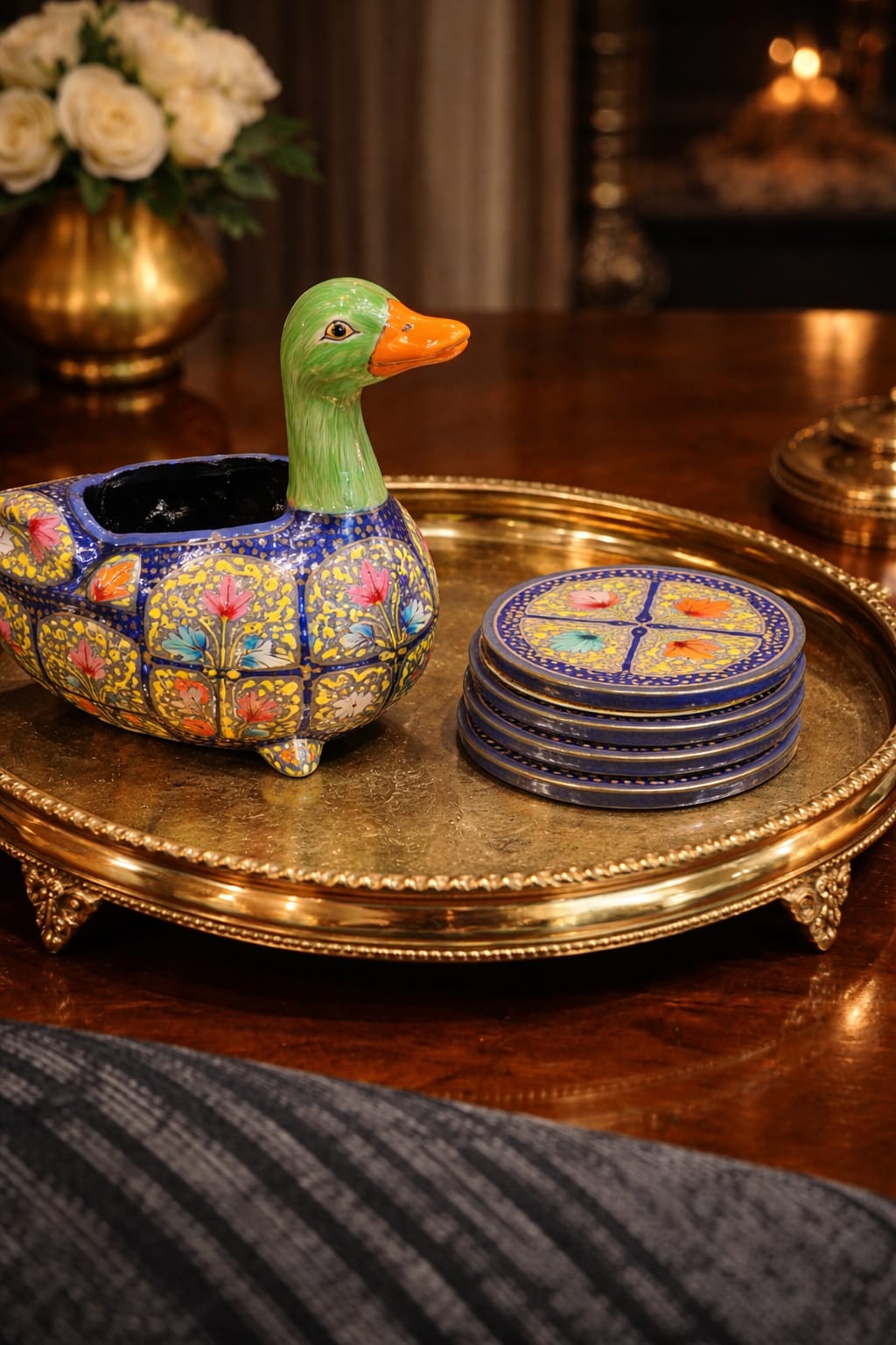 Paper Mache Coaster Set ( 6 coasters ) with elegant paper mache duck . Handmade Kashmiri Paper Mache sculpture